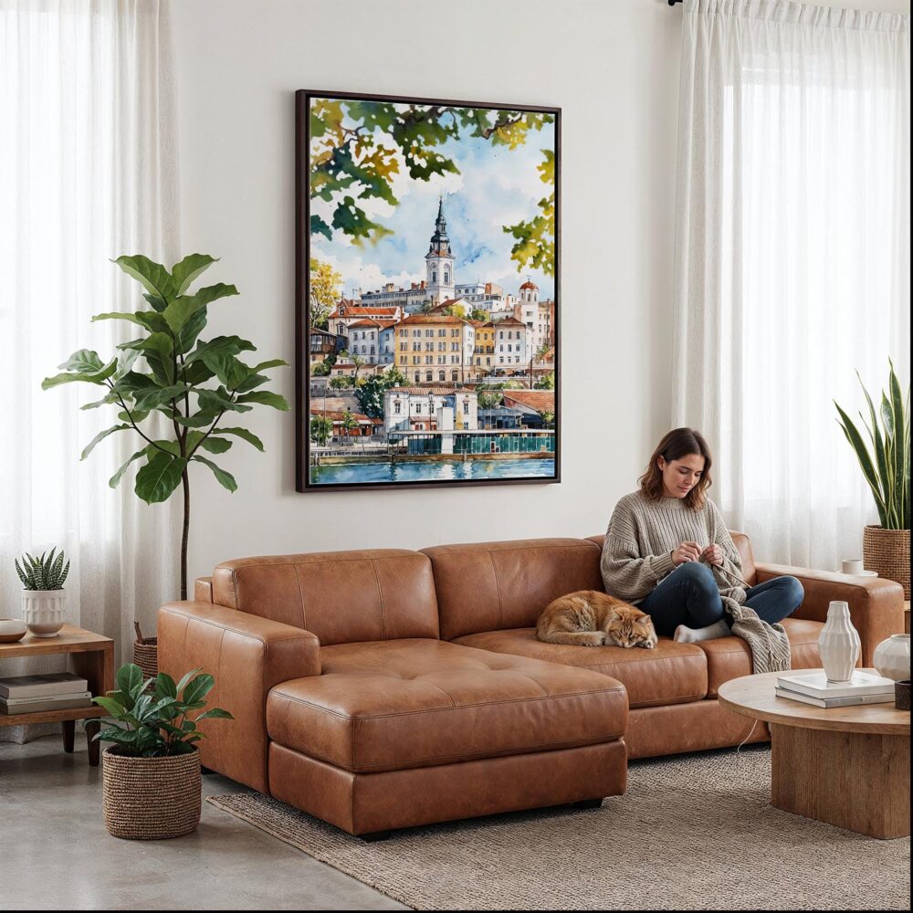 06 - Framed Belgrade Watercolor Canvas Print - Woman Knitting on leather couch - Vertical.jpg 06 - Framed Belgrade Watercolor Canvas Print - Woman Knitting on leather couch - Vertical.jpg