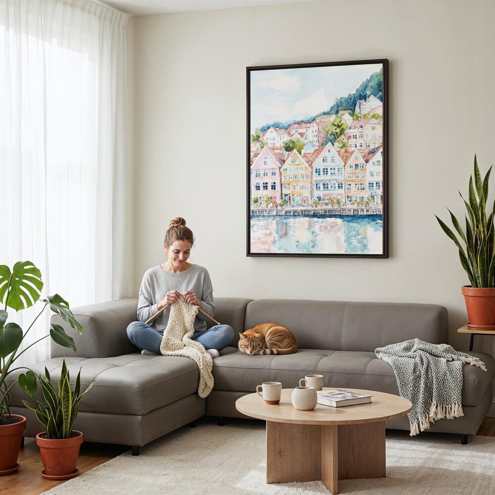 06 - Framed Bergen Norway Houses Watercolor Canvas Print - Woman Knitting on grey couch - Vertical.jpg 06 - Framed Bergen Norway Houses Watercolor Canvas Print - Woman Knitting on grey couch - Vertical.jpg