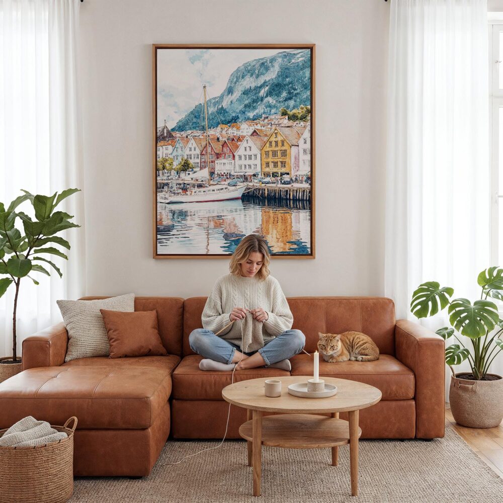 06 - Framed Bergen Norway Watercolor Canvas Print - Woman Knitting - Vertical.jpg 06 - Framed Bergen Norway Watercolor Canvas Print - Woman Knitting - Vertical.jpg