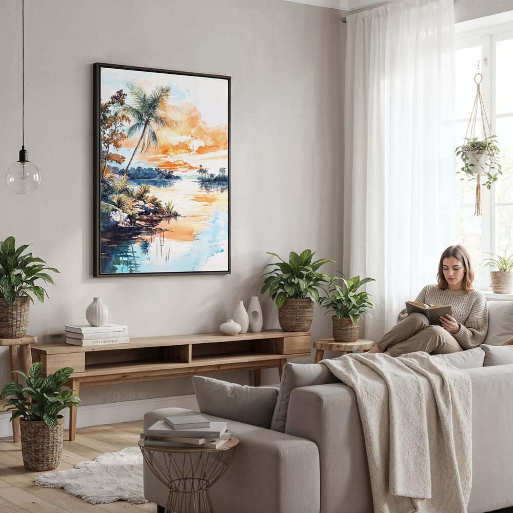 06 - Framed Biscayne National Park Watercolor Canvas Print - Woman reading in modern Living Room - Vertical.jpg 06 - Framed Biscayne National Park Watercolor Canvas Print - Woman reading in modern Living Room - Vertical.jpg