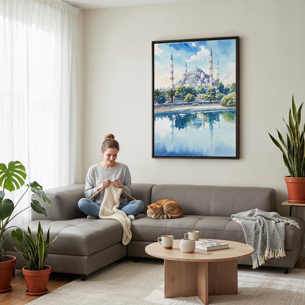 06 - Framed Blue Mosque Watercolor Canvas Print - Woman Knitting on grey couch - Vertical.jpg 06 - Framed Blue Mosque Watercolor Canvas Print - Woman Knitting on grey couch - Vertical.jpg