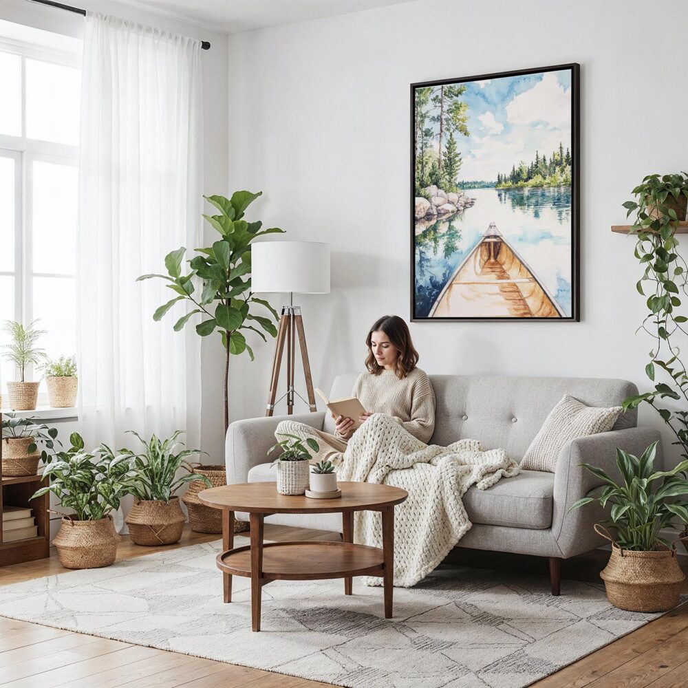 06 - Framed Boundary Waters Minnesota Watercolor Canvas Print - Woman reading on couch - Vertical.jpg 06 - Framed Boundary Waters Minnesota Watercolor Canvas Print - Woman reading on couch - Vertical.jpg