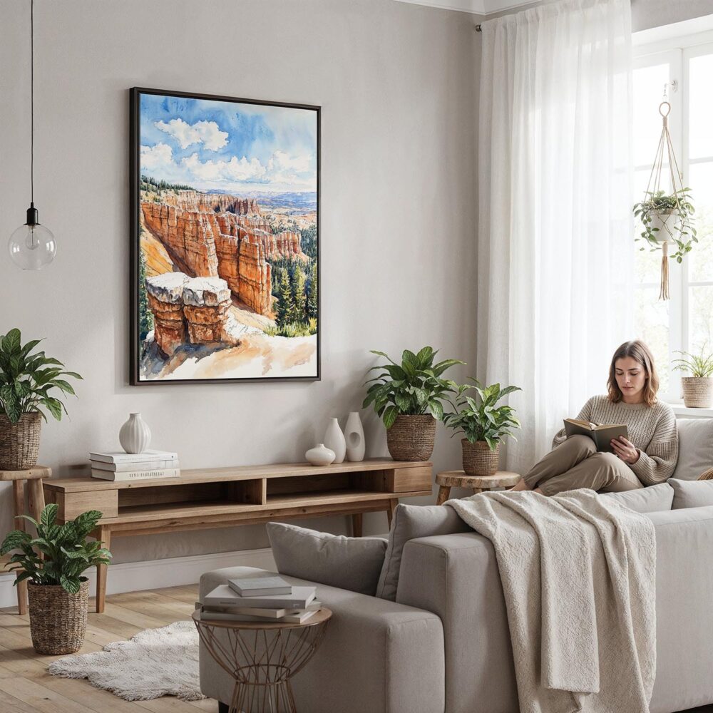 06 - Framed Bryce Canyon Watercolor Canvas Print - Woman reading in modern Living Room - Vertical.jpg 06 - Framed Bryce Canyon Watercolor Canvas Print - Woman reading in modern Living Room - Vertical.jpg