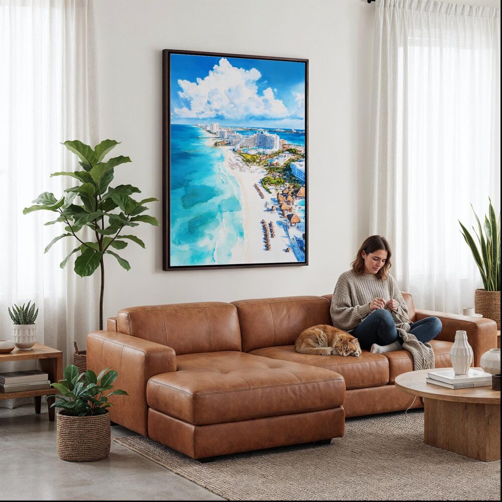 06 - Framed Cancun Mexico Watercolor Canvas Print - Woman Knitting on leather couch - Vertical.jpg 06 - Framed Cancun Mexico Watercolor Canvas Print - Woman Knitting on leather couch - Vertical.jpg