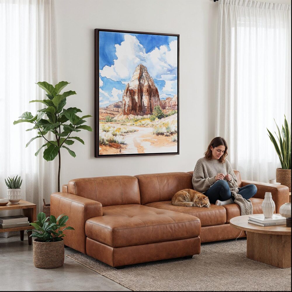 06 - Framed Canyonlands Watercolor 2 Canvas Print - Woman Knitting on leather couch - Vertical.jpg 06 - Framed Canyonlands Watercolor 2 Canvas Print - Woman Knitting on leather couch - Vertical.jpg