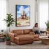 06 - Framed Canyonlands Watercolor 2 Canvas Print - Woman Knitting on leather couch - Vertical.jpg