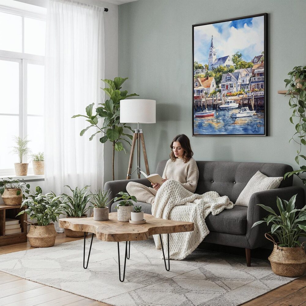 06 - Framed Cape Cod Watercolor Canvas Print - Woman reading in Boho Living Room - Vertical.jpg 06 - Framed Cape Cod Watercolor Canvas Print - Woman reading in Boho Living Room - Vertical.jpg