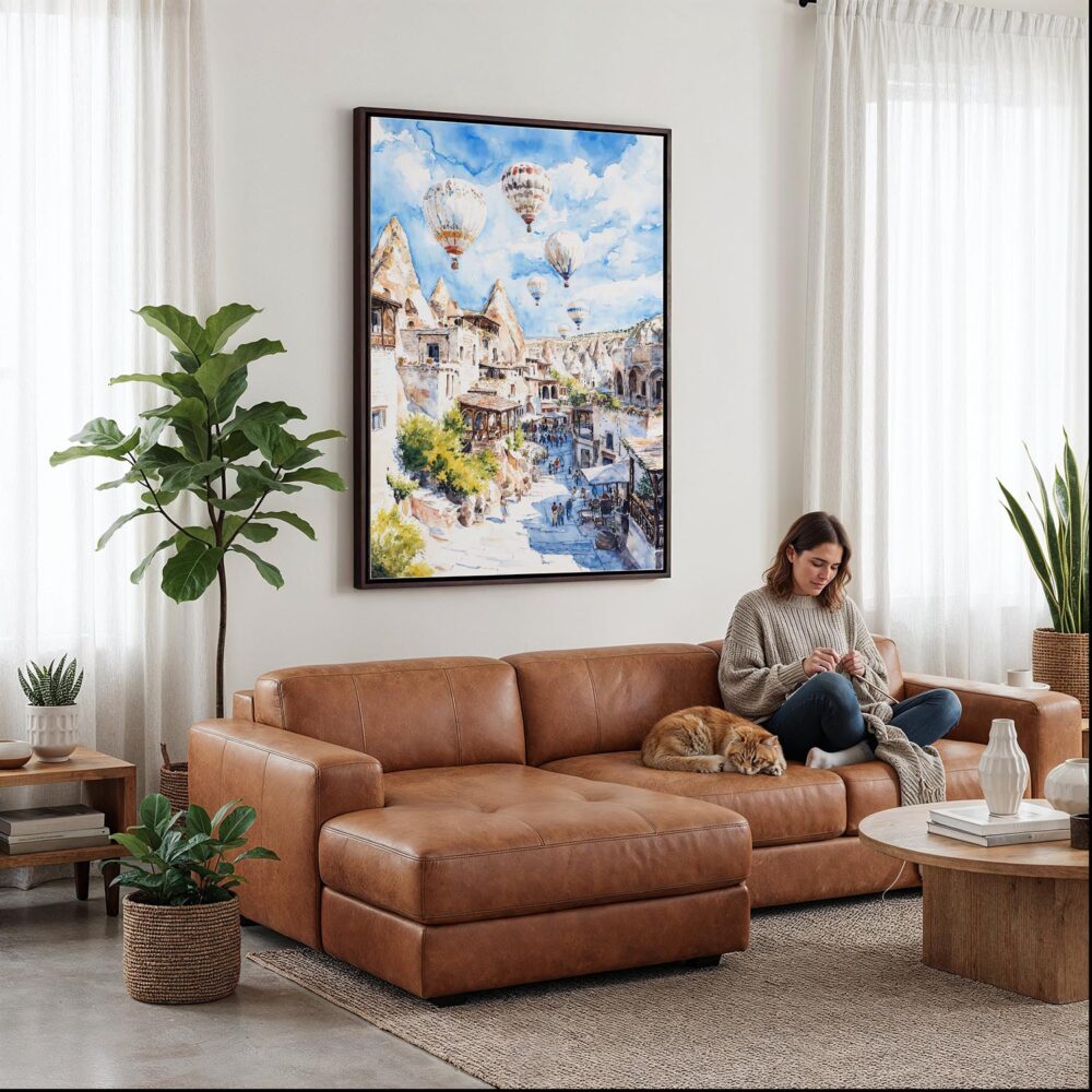 06 - Framed Cappadocia Turkey Watercolor Canvas Print - Woman Knitting on leather couch - Vertical.jpg 06 - Framed Cappadocia Turkey Watercolor Canvas Print - Woman Knitting on leather couch - Vertical.jpg