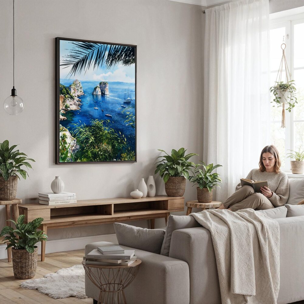 06 - Framed Capri Italy Watercolor Canvas Print - Woman reading in modern Living Room - Vertical.jpg 06 - Framed Capri Italy Watercolor Canvas Print - Woman reading in modern Living Room - Vertical.jpg