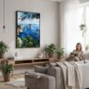 06 - Framed Capri Italy Watercolor Canvas Print - Woman reading in modern Living Room - Vertical.jpg