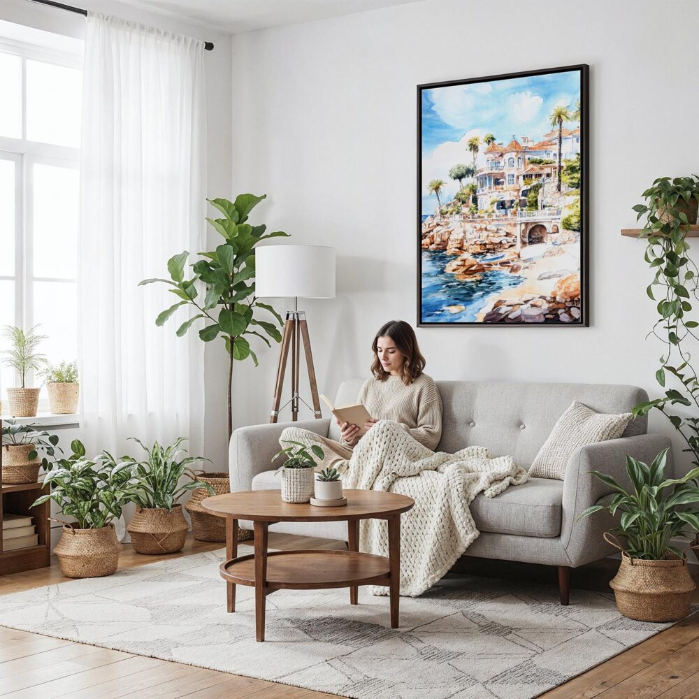 06 - Framed Cascais Portugal Watercolor Canvas Print - Woman reading on couch - Vertical.jpg 06 - Framed Cascais Portugal Watercolor Canvas Print - Woman reading on couch - Vertical.jpg