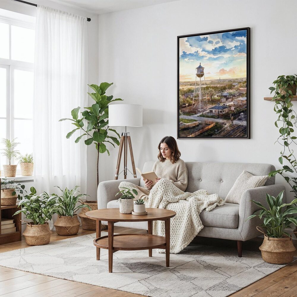 06 - Framed Celina Texas Watercolor Canvas Print - Woman reading on couch - Vertical.jpg 06 - Framed Celina Texas Watercolor Canvas Print - Woman reading on couch - Vertical.jpg