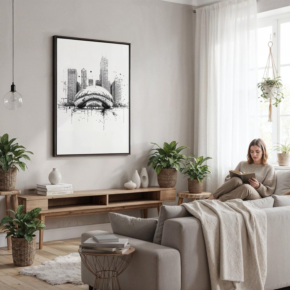 06 - Framed Chicago - The Bean - Pencil Drawing Canvas Print - Woman reading in modern Living Room - Vertical.jpg 06 - Framed Chicago - The Bean - Pencil Drawing Canvas Print - Woman reading in modern Living Room - Vertical.jpg