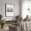 06 - Framed Chicago - The Bean - Pencil Drawing Canvas Print - Woman reading in modern Living Room - Vertical.jpg