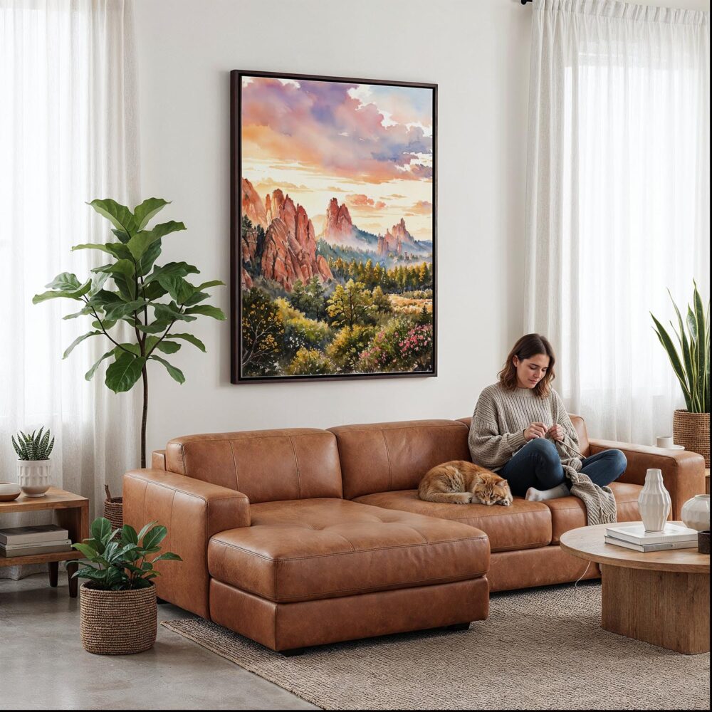 06 - Framed Colorado Springs Watercolor Canvas Print - Woman Knitting on leather couch - Vertical.jpg 06 - Framed Colorado Springs Watercolor Canvas Print - Woman Knitting on leather couch - Vertical.jpg