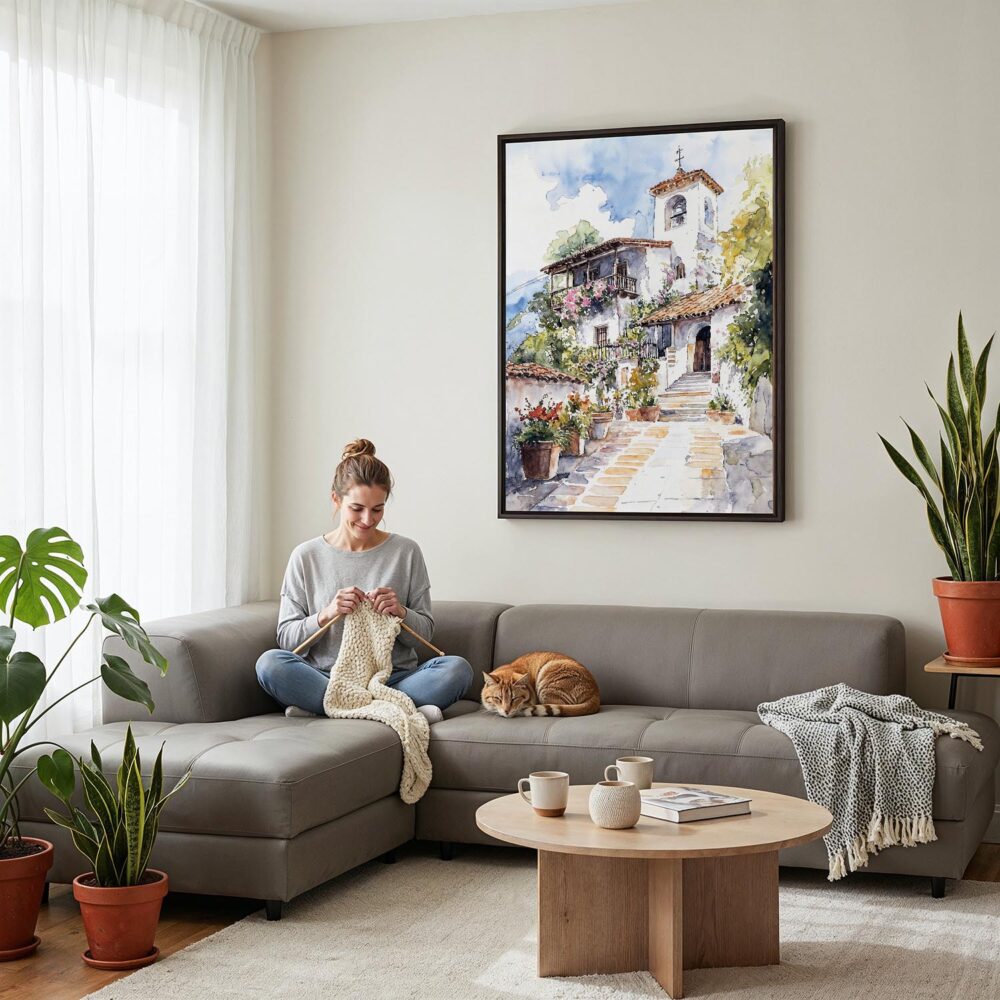 06 - Framed Cordoba Spain Watercolor Canvas Print - Woman Knitting on grey couch - Vertical.jpg 06 - Framed Cordoba Spain Watercolor Canvas Print - Woman Knitting on grey couch - Vertical.jpg