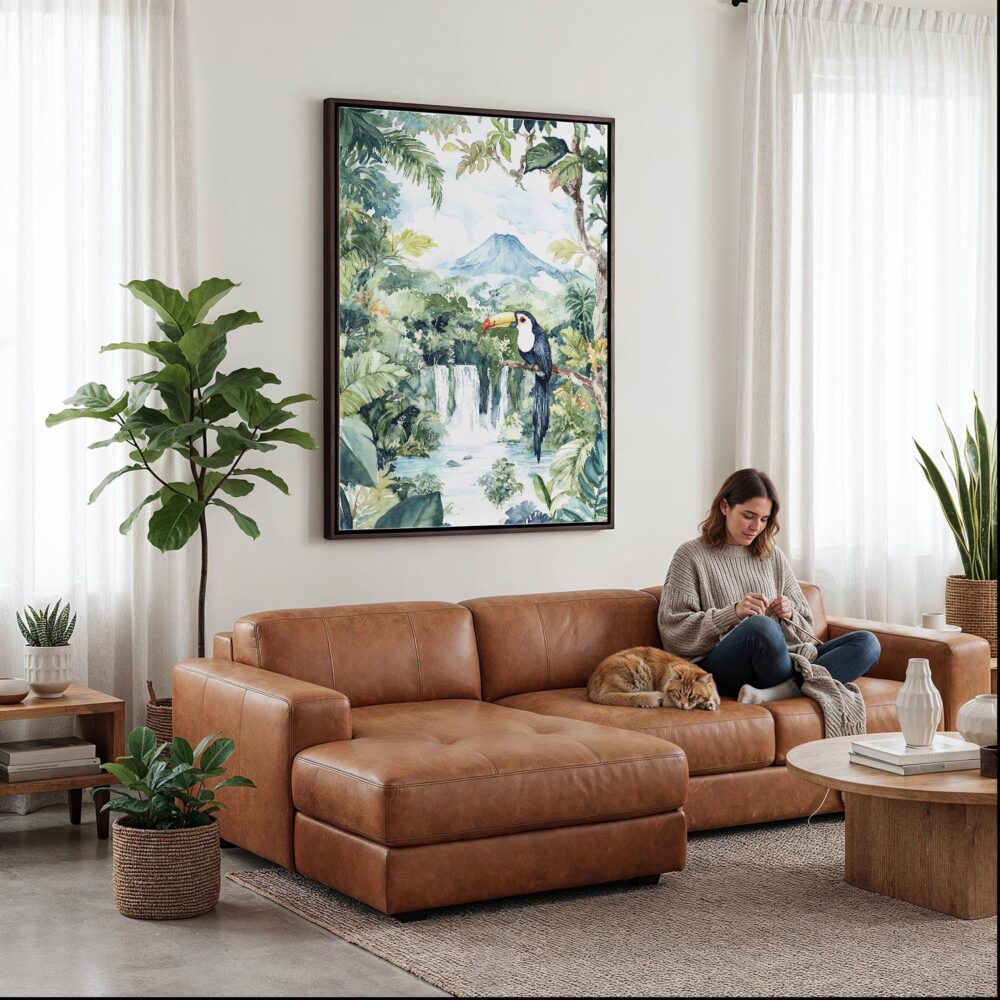 06 - Framed Costa Rica Arenal Vulcano Watercolor Canvas Print - Woman Knitting on leather couch - Vertical.jpg 06 - Framed Costa Rica Arenal Vulcano Watercolor Canvas Print - Woman Knitting on leather couch - Vertical.jpg