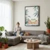 06 - Framed Cute Frog in Japanese Bathtub Illustration Canvas Print - Woman Knitting on grey couch - Vertical.jpg