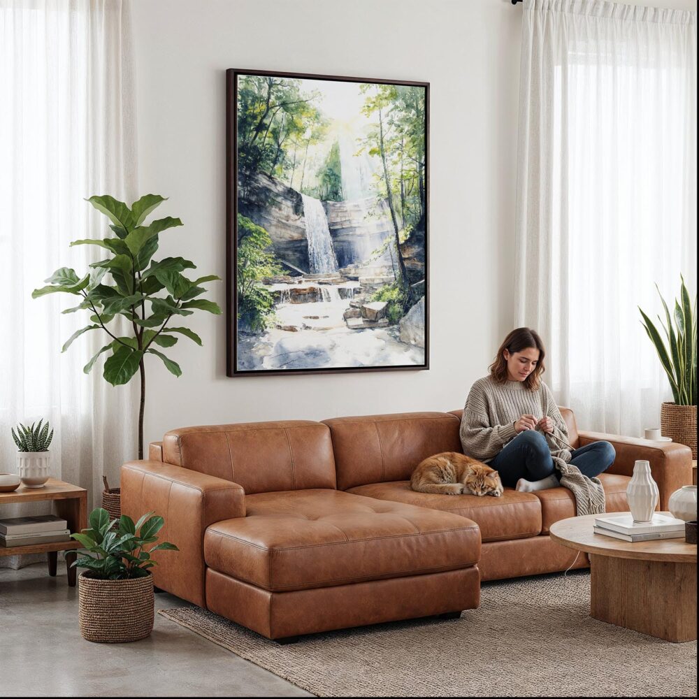 06 - Framed Cuyahoga Valley National Park Watercolor Canvas Print - Woman Knitting on leather couch - Vertical.jpg 06 - Framed Cuyahoga Valley National Park Watercolor Canvas Print - Woman Knitting on leather couch - Vertical.jpg