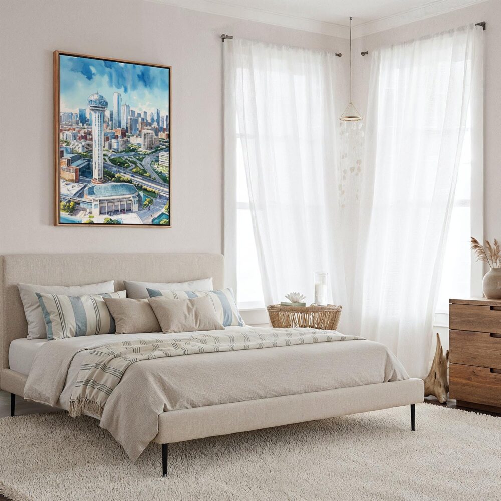 06 - Framed Dallas Texas Skyline Watercolor Canvas Print - Coastal Bedroom - Vertical.jpg 06 - Framed Dallas Texas Skyline Watercolor Canvas Print - Coastal Bedroom - Vertical.jpg