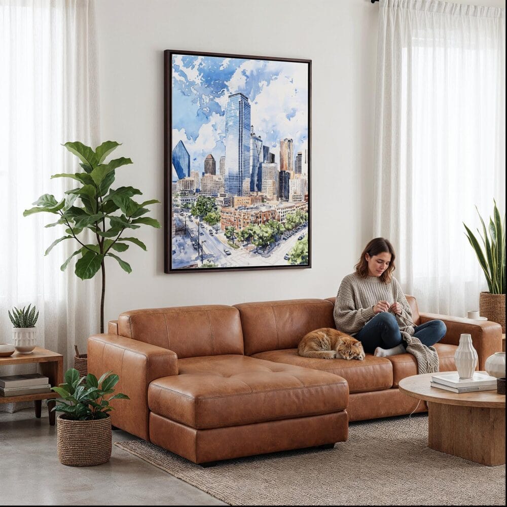 06 - Framed Dallas Texas Watercolor Canvas Print - Woman Knitting on leather couch - Vertical.jpg 06 - Framed Dallas Texas Watercolor Canvas Print - Woman Knitting on leather couch - Vertical.jpg