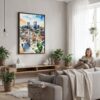 06 - Framed Denver Colorado Skyline Watercolor Canvas Print - Woman reading in modern Living Room - Vertical.jpg
