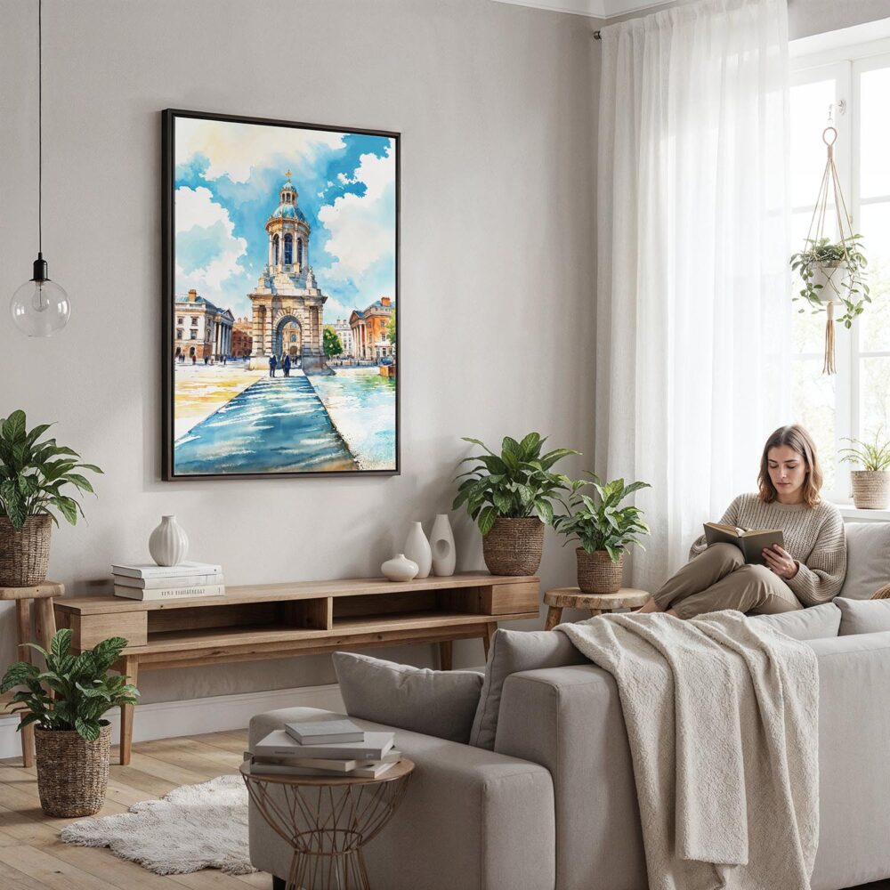 06 - Framed Dublin Trinity College Watercolor Canvas Print - Woman reading in modern Living Room - Vertical.jpg 06 - Framed Dublin Trinity College Watercolor Canvas Print - Woman reading in modern Living Room - Vertical.jpg