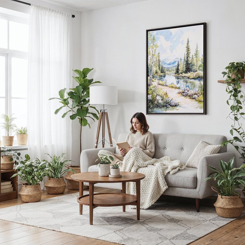 06 - Framed Fairbanks Alaska Watercolor Canvas Print - Woman reading on couch - Vertical.jpg 06 - Framed Fairbanks Alaska Watercolor Canvas Print - Woman reading on couch - Vertical.jpg