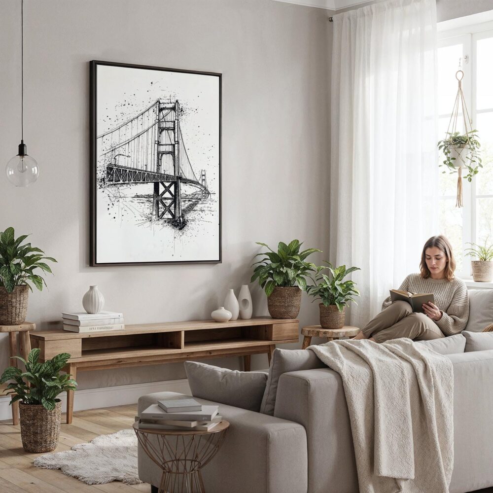 06 - Framed Golden Gate Bridge - Pencil Drawing Canvas Print - Woman reading in modern Living Room - Vertical.jpg 06 - Framed Golden Gate Bridge - Pencil Drawing Canvas Print - Woman reading in modern Living Room - Vertical.jpg
