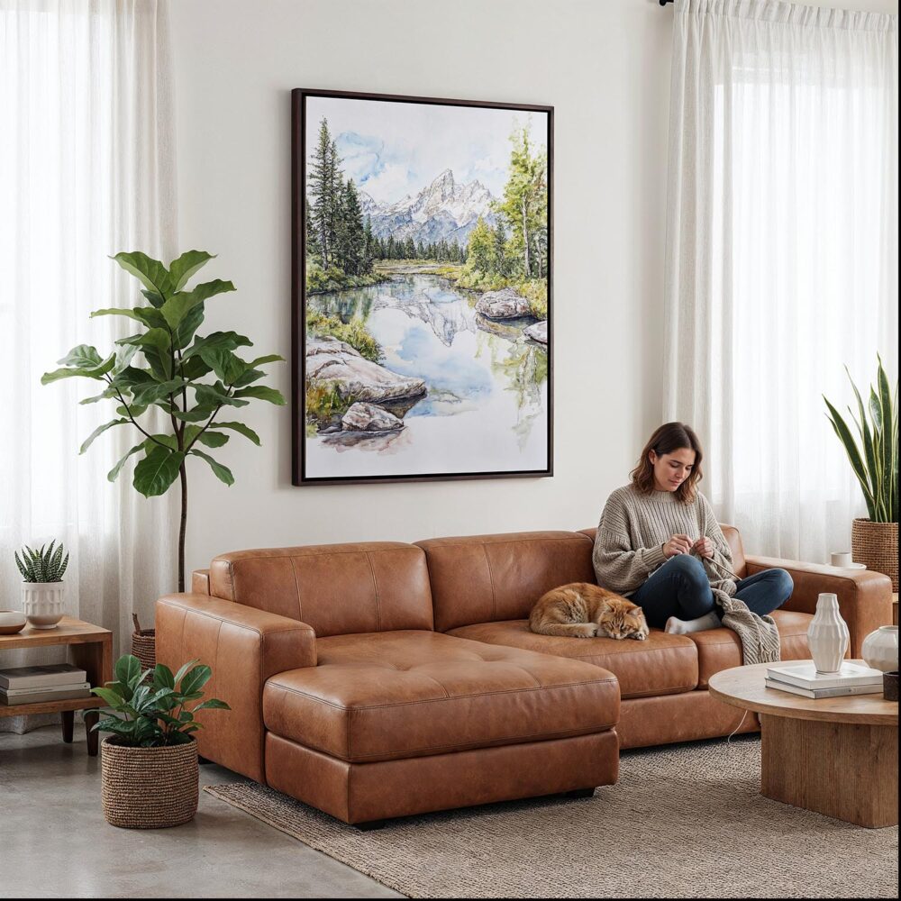 06 - Framed Grand Teton National Park Watercolor Canvas Print - Woman Knitting on leather couch - Vertical.jpg 06 - Framed Grand Teton National Park Watercolor Canvas Print - Woman Knitting on leather couch - Vertical.jpg