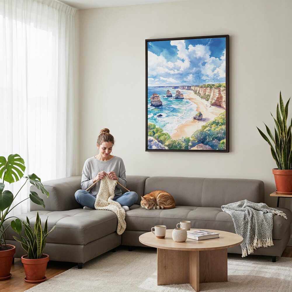 06 - Framed Great Ocean Road Australia Watercolor Canvas Print - Woman Knitting on grey couch - Vertical.jpg 06 - Framed Great Ocean Road Australia Watercolor Canvas Print - Woman Knitting on grey couch - Vertical.jpg