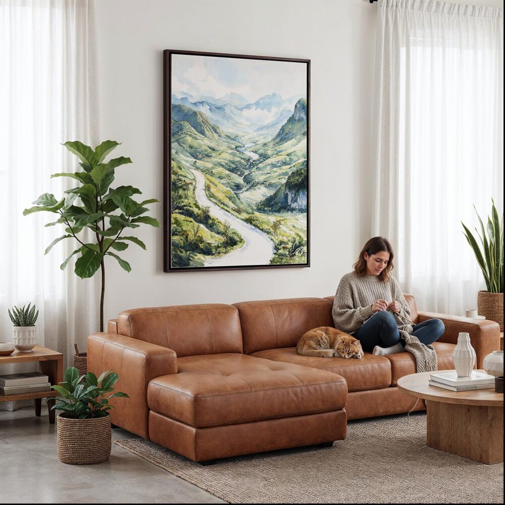 06 - Framed Ha Giang Vietnam Watercolor Canvas Print - Woman Knitting on leather couch - Vertical.jpg 06 - Framed Ha Giang Vietnam Watercolor Canvas Print - Woman Knitting on leather couch - Vertical.jpg