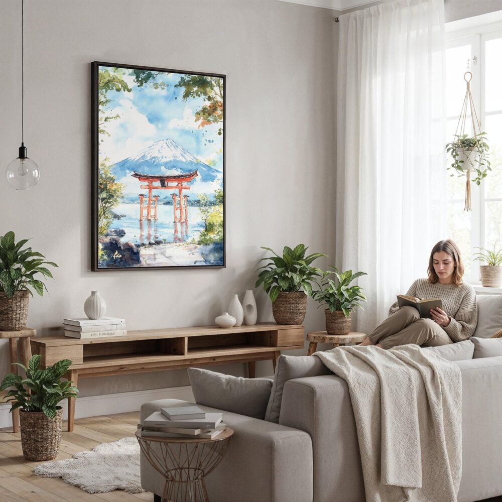06 - Framed Hakone Gate Watercolor Canvas Print - Woman reading in modern Living Room - Vertical.jpg 06 - Framed Hakone Gate Watercolor Canvas Print - Woman reading in modern Living Room - Vertical.jpg