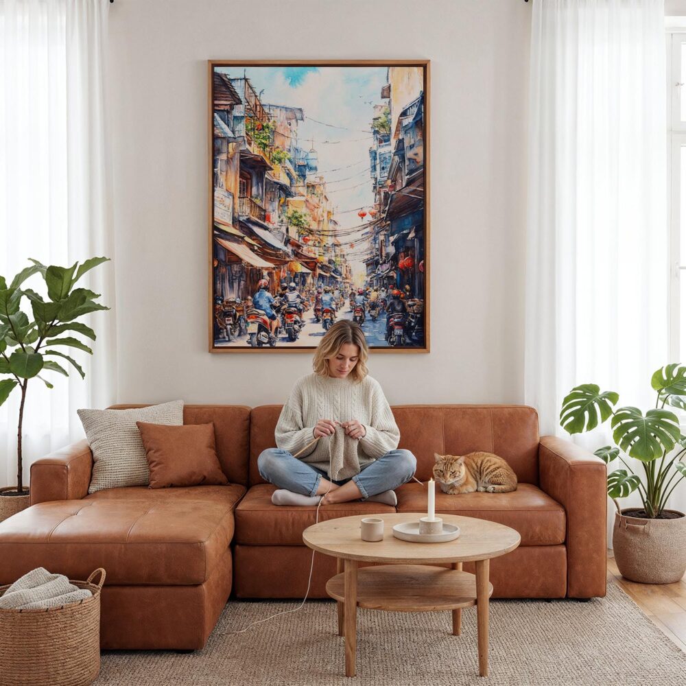 06 - Framed Hanoi Old Quarter Watercolor Canvas Print - Woman Knitting - Vertical.jpg 06 - Framed Hanoi Old Quarter Watercolor Canvas Print - Woman Knitting - Vertical.jpg