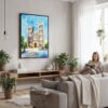 06 - Framed Hanoi St Josephs Cathedral Watercolor Canvas Print - Woman reading in modern Living Room - Vertical.jpg