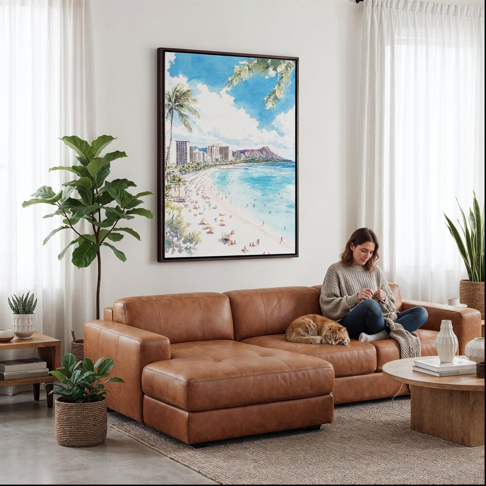 06 - Framed Hawaii - Honolulu - Watercolor Canvas Print - Woman Knitting on leather couch - Vertical.jpg 06 - Framed Hawaii - Honolulu - Watercolor Canvas Print - Woman Knitting on leather couch - Vertical.jpg