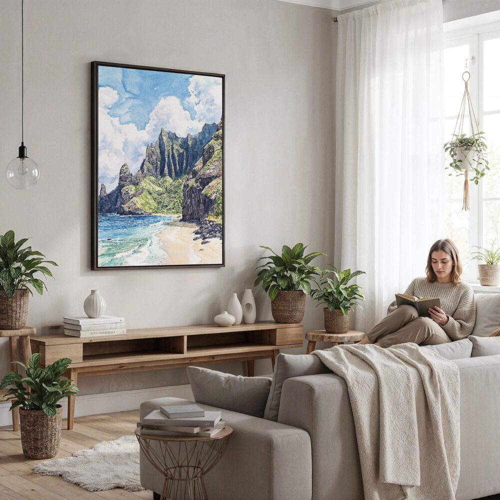 06 - Framed Hawaii - Nā Pali Watercolor Canvas Print - Woman reading in modern Living Room - Vertical.jpg 06 - Framed Hawaii - Nā Pali Watercolor Canvas Print - Woman reading in modern Living Room - Vertical.jpg