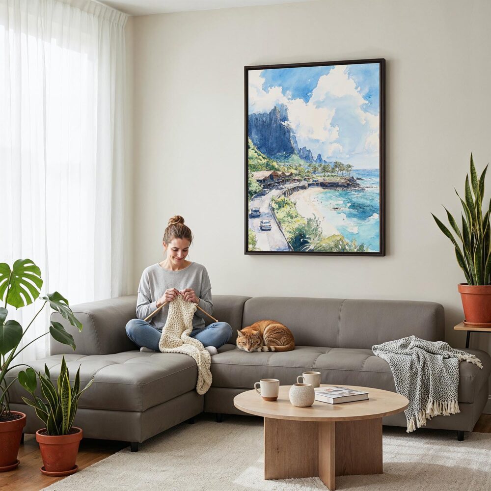 06 - Framed Hawaii - Napali - Watercolor Canvas Print - Woman Knitting on grey couch - Vertical.jpg 06 - Framed Hawaii - Napali - Watercolor Canvas Print - Woman Knitting on grey couch - Vertical.jpg