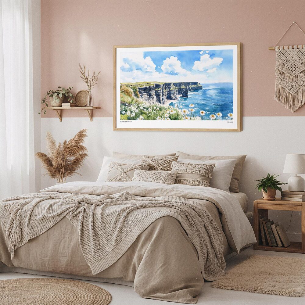 06 - Framed Ireland - Cliffs of Moher - Horizontal Watercolor Art Print in Boho Bedroom.jpg 06 - Framed Ireland - Cliffs of Moher - Horizontal Watercolor Art Print in Boho Bedroom.jpg