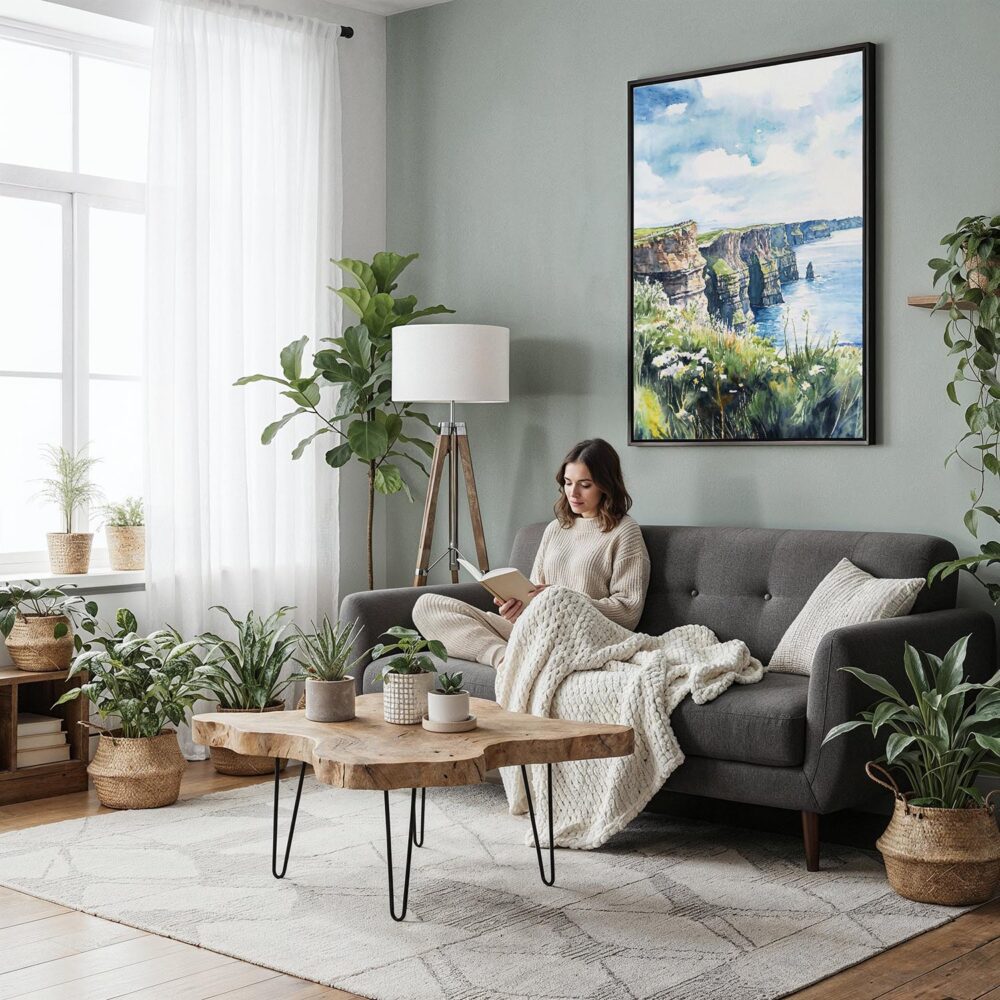 06 - Framed Ireland - Cliffs of Moher - Watercolor Canvas Print - Woman reading in Boho Living Room - Vertical.jpg 06 - Framed Ireland - Cliffs of Moher - Watercolor Canvas Print - Woman reading in Boho Living Room - Vertical.jpg