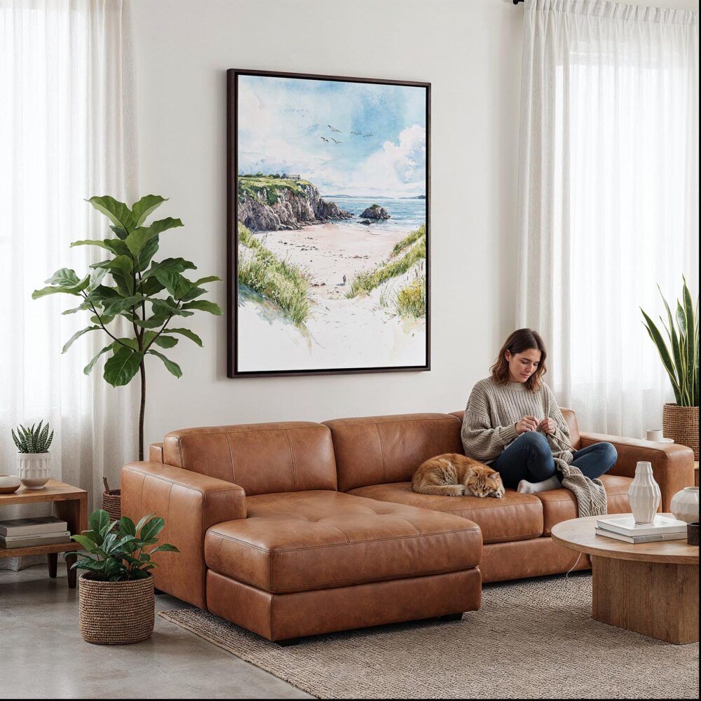 06 - Framed Ireland - Inishowen - Watercolor Canvas Print - Woman Knitting on leather couch - Vertical.jpg 06 - Framed Ireland - Inishowen - Watercolor Canvas Print - Woman Knitting on leather couch - Vertical.jpg