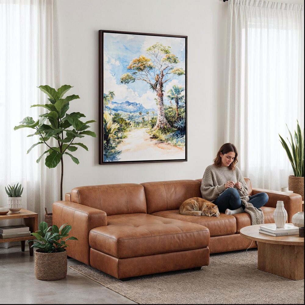 06 - Framed Isalo National Park Watercolor Canvas Print - Woman Knitting on leather couch - Vertical.jpg 06 - Framed Isalo National Park Watercolor Canvas Print - Woman Knitting on leather couch - Vertical.jpg