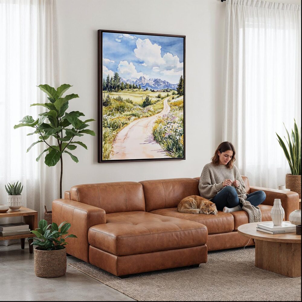 06 - Framed Jackson Hole watercolor Canvas Print - Woman Knitting on leather couch - Vertical.jpg 06 - Framed Jackson Hole watercolor Canvas Print - Woman Knitting on leather couch - Vertical.jpg