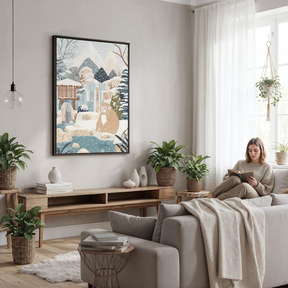 06 - Framed Japanese Macaque in Outdoor Onsen Winter Landscape Illustration Canvas Print - Woman reading in modern Living Room - Vertical.jpg 06 - Framed Japanese Macaque in Outdoor Onsen Winter Landscape Illustration Canvas Print - Woman reading in modern Living Room - Vertical.jpg