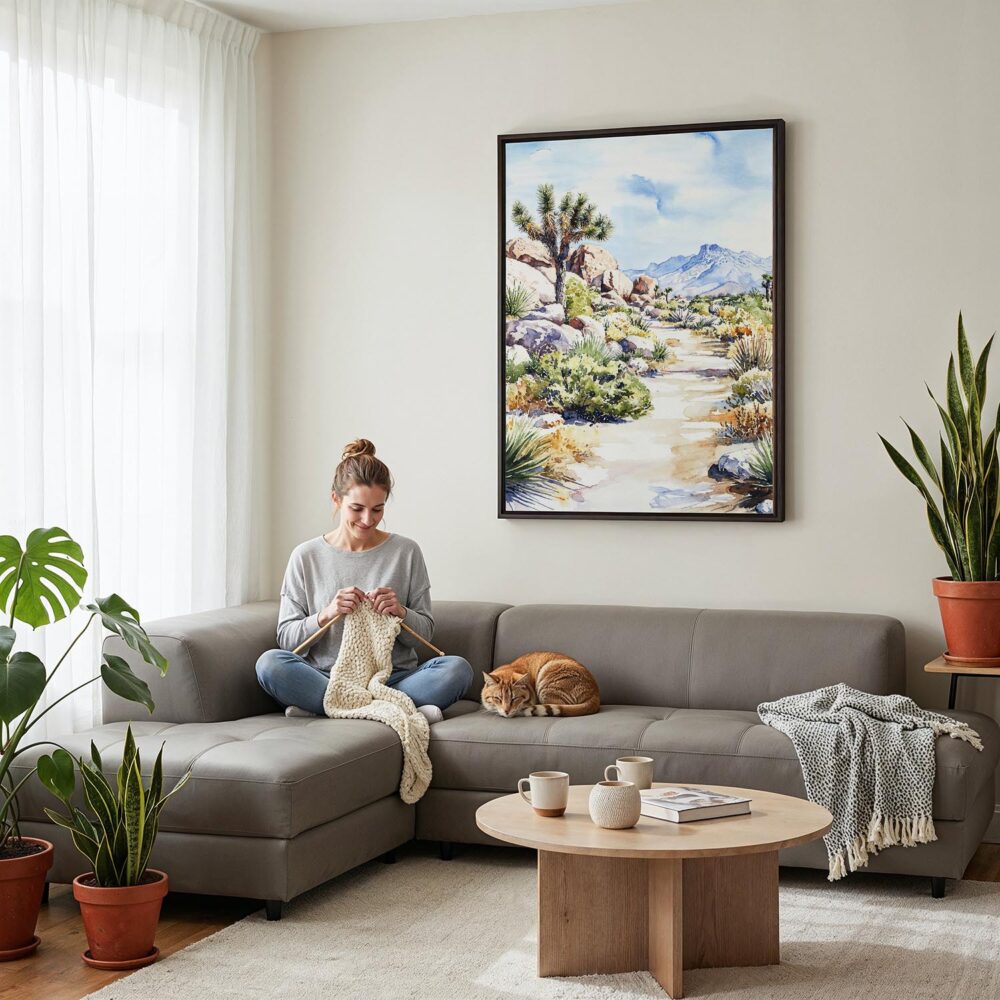 06 - Framed Joshua Tree Watercolor Canvas Print - Woman Knitting on grey couch - Vertical.jpg 06 - Framed Joshua Tree Watercolor Canvas Print - Woman Knitting on grey couch - Vertical.jpg