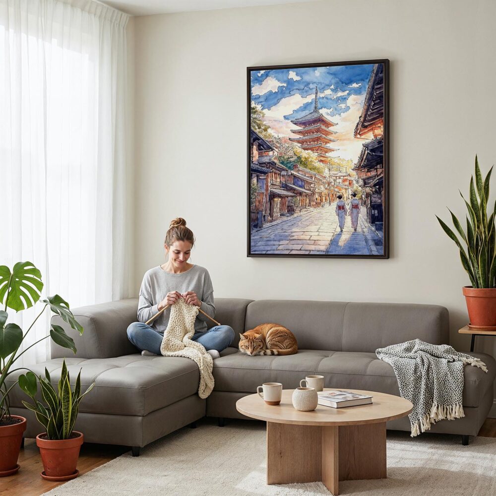 06 - Framed Kyoto Pagoda - Watercolor 1 Canvas Print - Woman Knitting on grey couch - Vertical.jpg 06 - Framed Kyoto Pagoda - Watercolor 1 Canvas Print - Woman Knitting on grey couch - Vertical.jpg