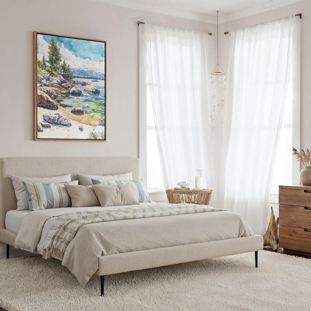 06 - Framed Lake Tahoe watercolor Canvas Print - Coastal Bedroom - Vertical.jpg 06 - Framed Lake Tahoe watercolor Canvas Print - Coastal Bedroom - Vertical.jpg