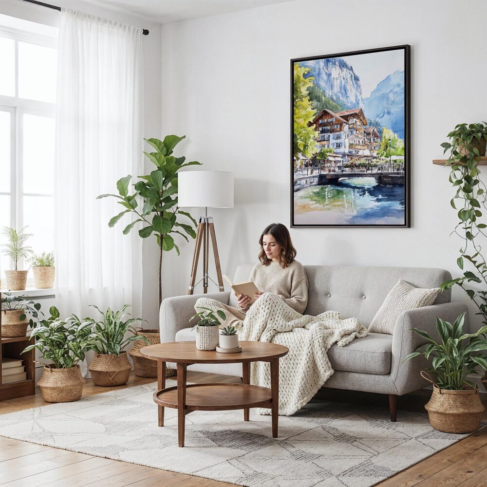06 - Framed Lauterbrunnen Switzerland Watercolor Canvas Print - Woman reading on couch - Vertical.jpg 06 - Framed Lauterbrunnen Switzerland Watercolor Canvas Print - Woman reading on couch - Vertical.jpg