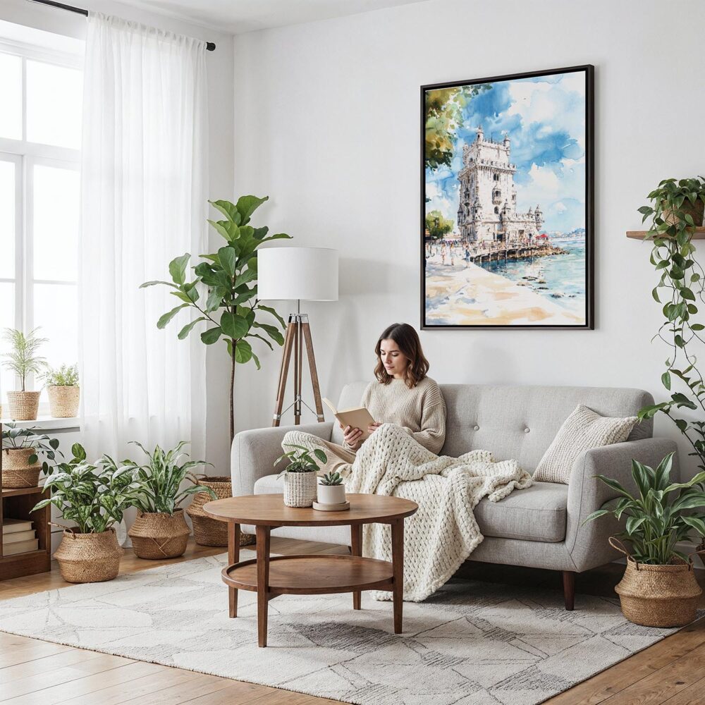 06 - Framed Lisboa Torre de Belém Watercolor Canvas Print - Woman reading on couch - Vertical.jpg 06 - Framed Lisboa Torre de Belém Watercolor Canvas Print - Woman reading on couch - Vertical.jpg