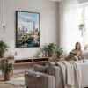 06 - Framed London The Shard Watercolor Canvas Print - Woman reading in modern Living Room - Vertical.jpg